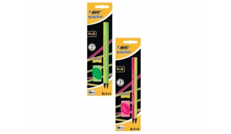 BIC Pieštukų rinkinys EVOLUTION STRIPES HB, pakuotėje 2 vnt + trintukas + drožtukas, įvairių spalvų