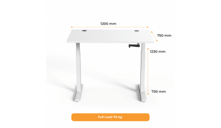 Reguliuojamo aukščio stalas Up Up, baltu rėmu, mechaniškai reguliuojamas aukštis, 2-sekcijų, baltas stalviršis (LMDP) 1200x750mm