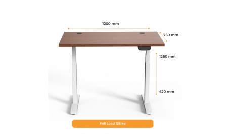 Reguliuojamo aukščio stalas Up Up, baltu rėmu, elektrinis 2 varikliu reguliuojamas aukštis, 3-sekcijų, tamsaus riešuto stalviršis (LMDP) 1200x750mm