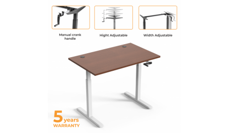 Reguliuojamo aukščio stalas Up Up, baltu rėmu, mechaniškai reguliuojamas aukštis, 2-sekcijų, tamsaus riešuto stalviršis (LMDP) 1200x750mm