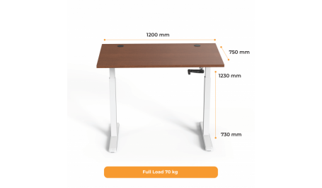 Reguliuojamo aukščio stalas Up Up, baltu rėmu, mechaniškai reguliuojamas aukštis, 2-sekcijų, tamsaus riešuto stalviršis (LMDP) 1200x750mm
