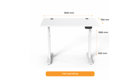Reguliuojamo aukščio stalas Up Up, baltu rėmu, elektrinis 2 varikliu reguliuojamas aukštis, 3-sekcijų, baltas stalviršis (LMDP) 1500x750mm