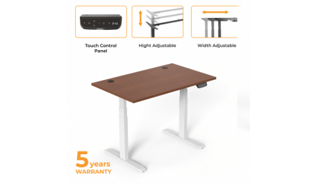 Reguliuojamo aukščio stalas Up Up, baltu rėmu, elektrinis 2 varikliu reguliuojamas aukštis, 3-sekcijų, tamsaus riešuto stalviršis (LMDP) 1500x750mm