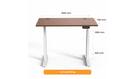 Reguliuojamo aukščio stalas Up Up, baltu rėmu, elektrinis 2 varikliu reguliuojamas aukštis, 3-sekcijų, tamsaus riešuto stalviršis (LMDP) 1500x750mm