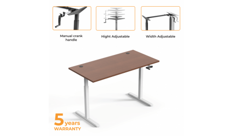 Reguliuojamo aukščio stalas Up Up, baltu rėmu, mechaniškai reguliuojamas aukštis, 2-sekcijų, tamsaus riešuto stalviršis (LMDP) 1500x750mm