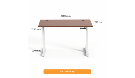 Reguliuojamo aukščio stalas Up Up, baltu rėmu, mechaniškai reguliuojamas aukštis, 2-sekcijų, tamsaus riešuto stalviršis (LMDP) 1500x750mm