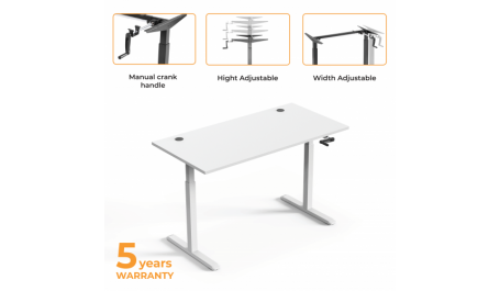 Reguliuojamo aukščio stalas Up Up, baltu rėmu, mechaniškai reguliuojamas aukštis, 2-sekcijų, baltas stalviršis (LMDP) 1500x750mm