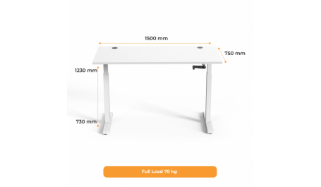 Reguliuojamo aukščio stalas Up Up, baltu rėmu, mechaniškai reguliuojamas aukštis, 2-sekcijų, baltas stalviršis (LMDP) 1500x750mm